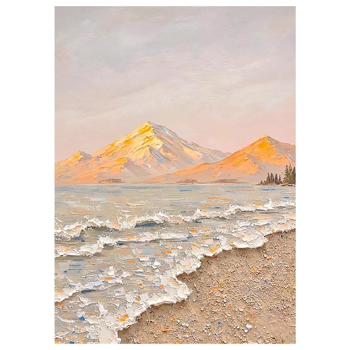 LCDIUDIU Hand Painted Oil Paintings Abstract Coastal Mountain Wall Art Sunset Beach Ocean Waves Snow Mountain Landscape Wall Decor Unframed Artwork for Living Room Bedroom 50X70Cm(20X28Inch)