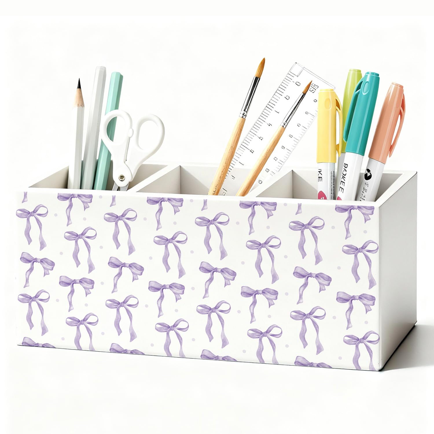 Purple Coquette Bow Pen Pencil Holder for Desk, Girly Office Decor, Preppy Purple Bow Aesthetic Wooden Box Sign Decorations for Girly Room Bedroom Dorm Office Desk Tabletop