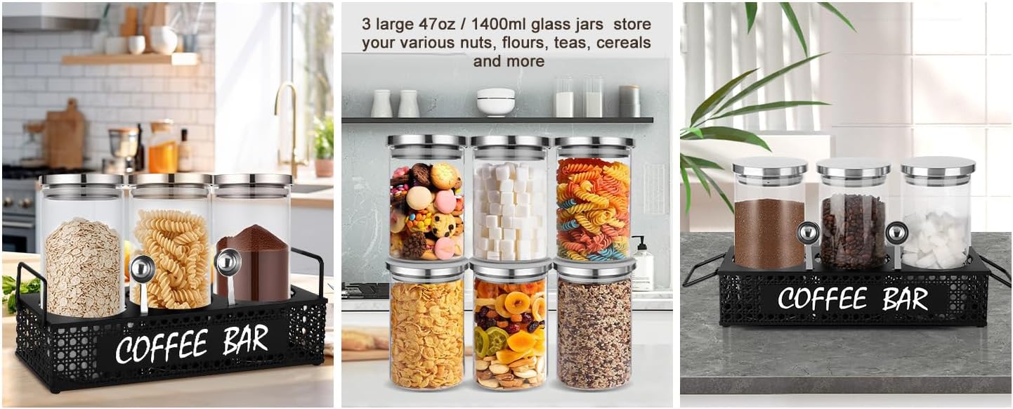 Glass Coffee Containers with Shelf 3x 47oz Coffee Station Organizer Glass Coffee Bean Storage with Spoon Coffee Canister Set Jars for Coffee Bean Ground Nuts