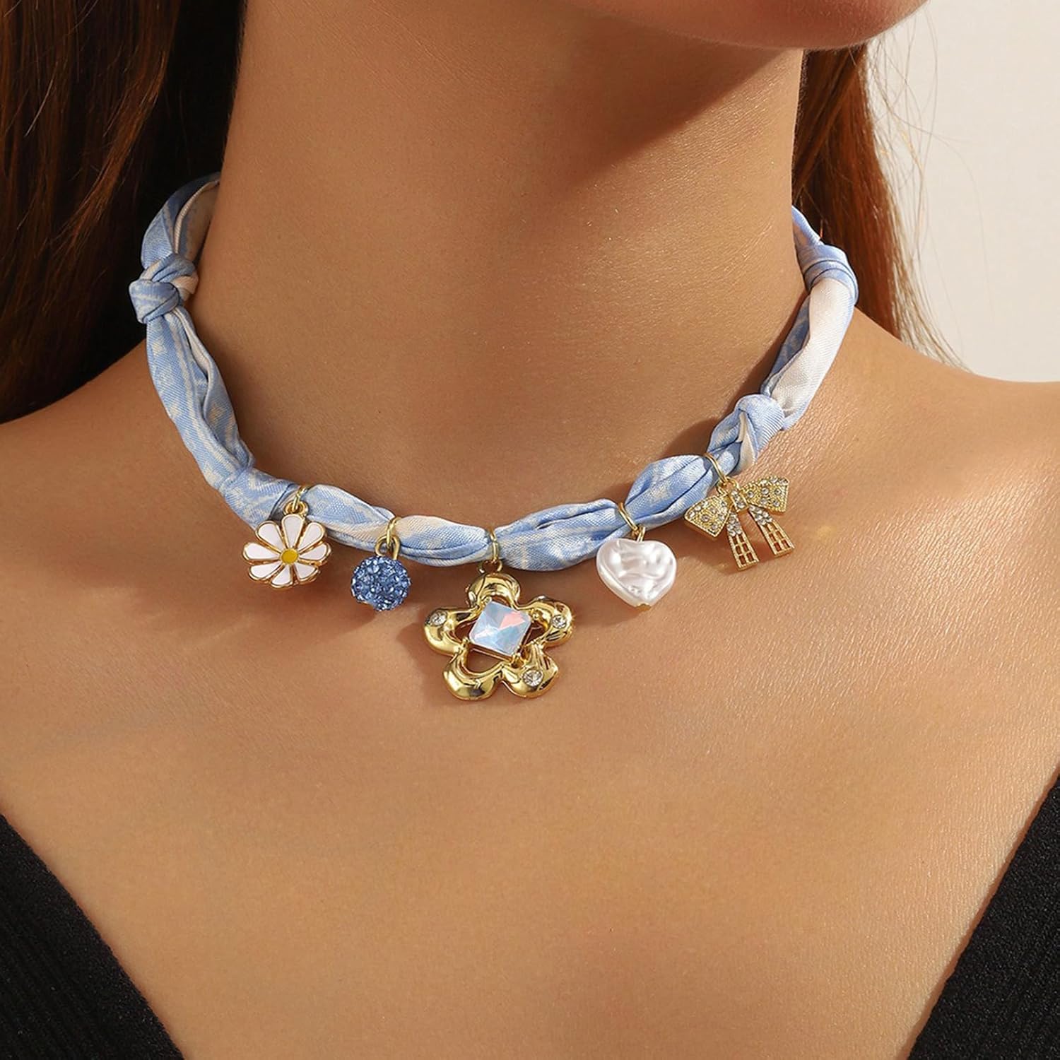 Silk Scarf Necklace for Women Gold Bow Star Pearl Scarf Necklace Colorful Adjustable Scarf Necklaces with Charm Summer Beach Holiday Jewelry - Image 5