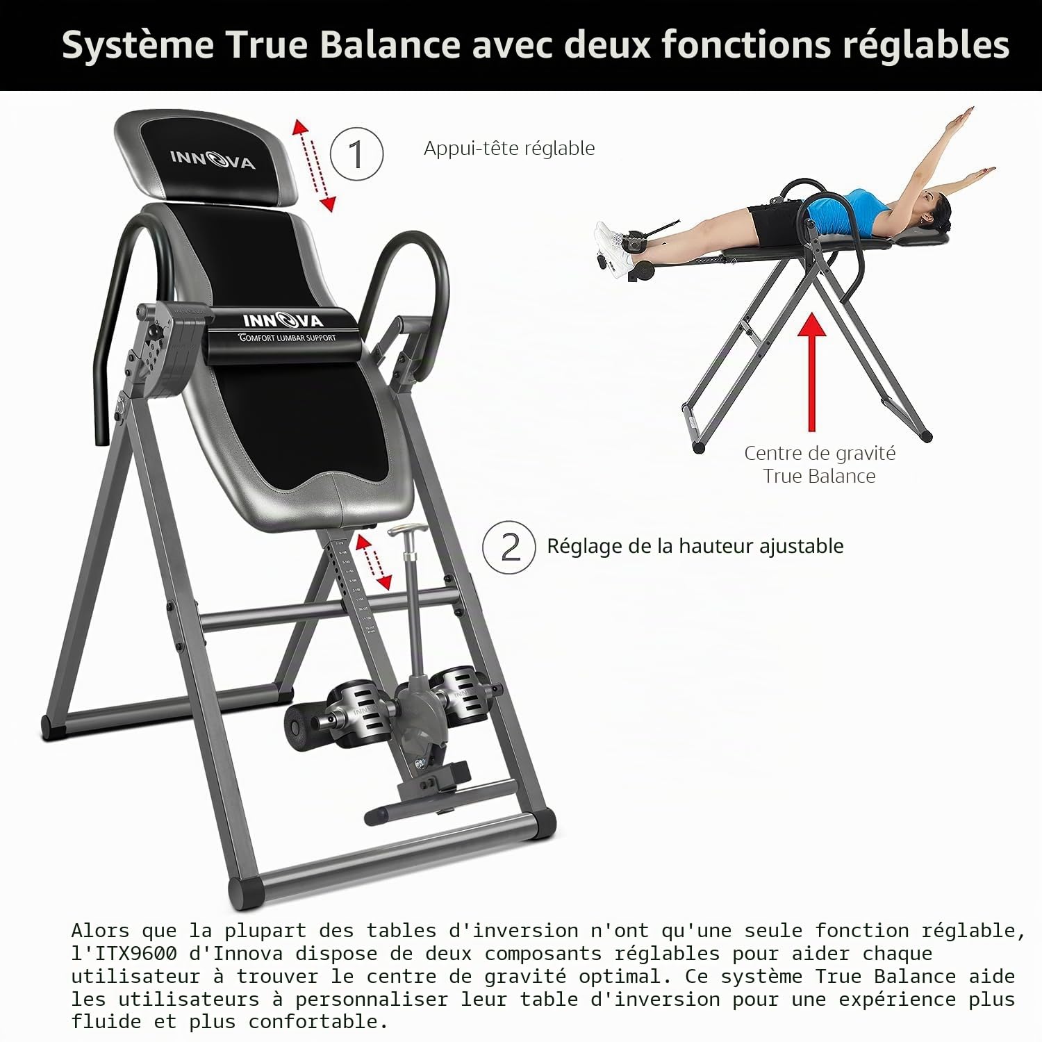 Innova Table d'inversion avec appuie-tête réglable, Supports de Cheville réversibles et capacité de Poids de 136 kg