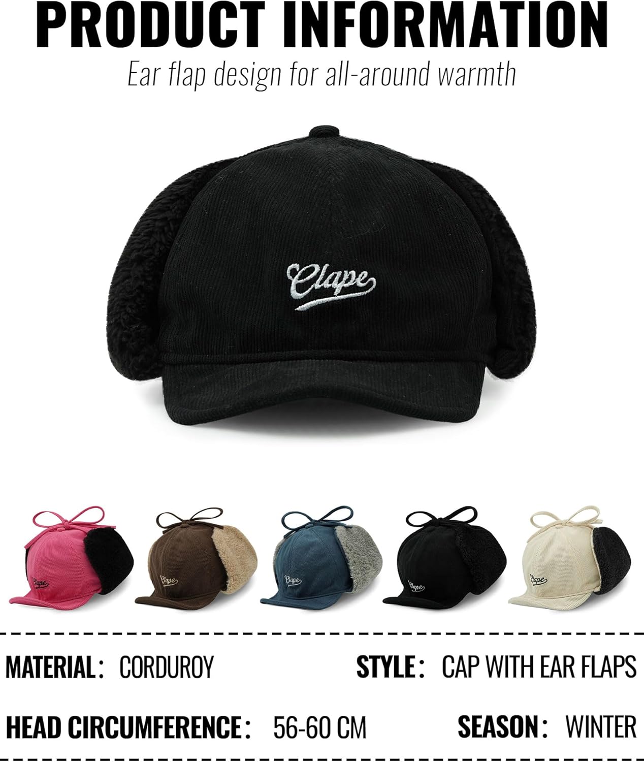 CLAPE Men Winter Baseball Cap, Outdoor Windproof Warm Fleece Trapper Hat w/Visor & Earflap for Clod Weather, Adjustable Size Black