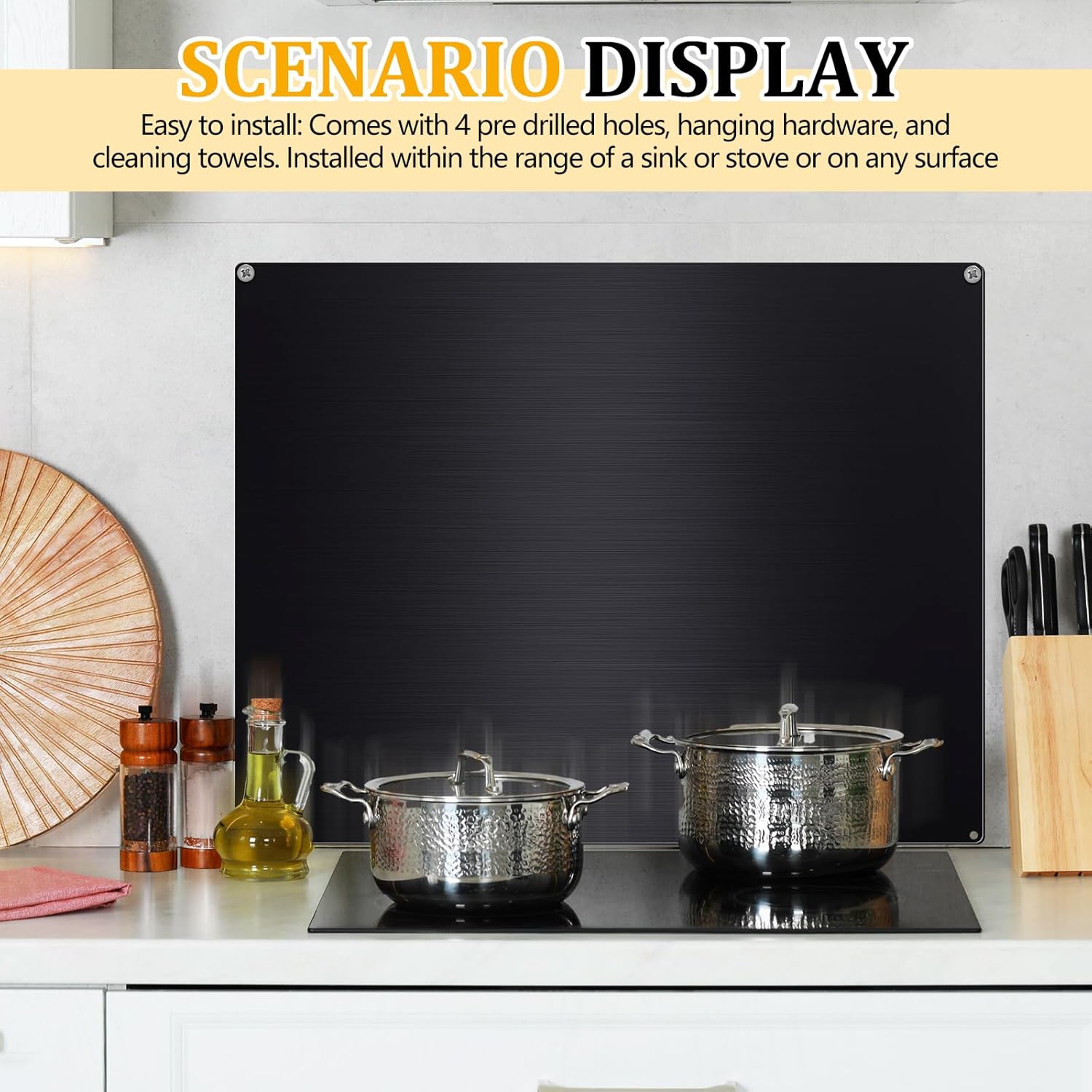 Yaocom Stainless Steel Backsplash Range Hood Stove Backsplash Back Stainless Steel Sheet for Kitchen Wall Splatter Metal Wall Panels with Screws and Hanging Towel(Black,24×30 Inch)