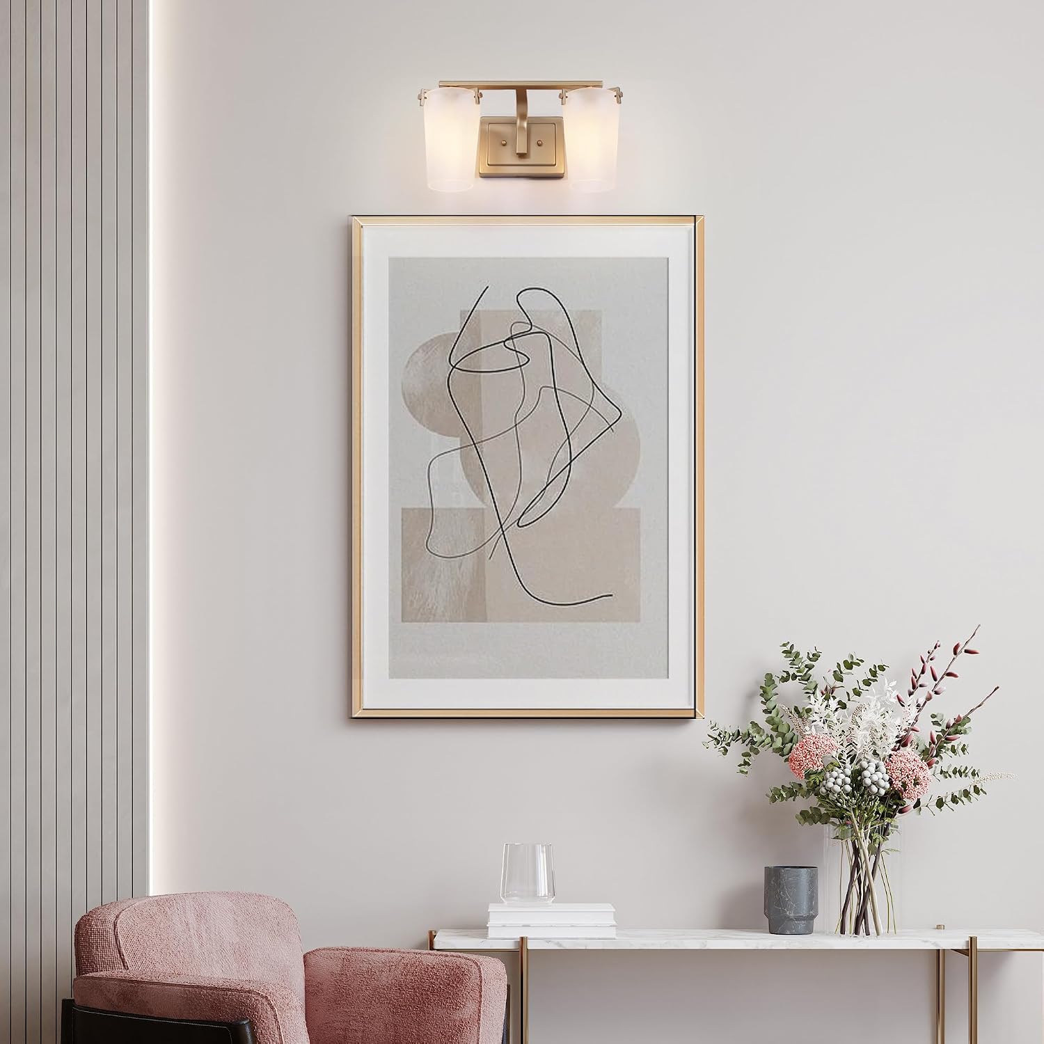 KSANA Gold Bathroom Lights, 2 Light Vanity Light Fixtures with Frosted Glass Shade, Modern Bathroom Lighting Over Mirror in Dark Gold Finish