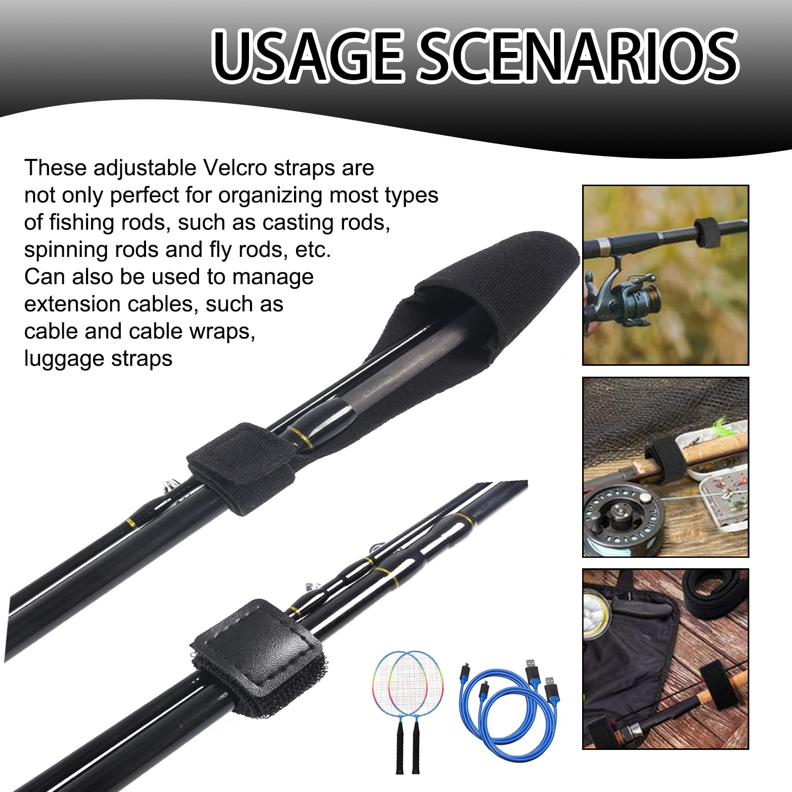 Juego de 10 bandas elásticas para cañas de pescar, soportes para cañas de pescar con velcro, accesorios de pesca para atar cañas de pescar y protección de fundición (negro)