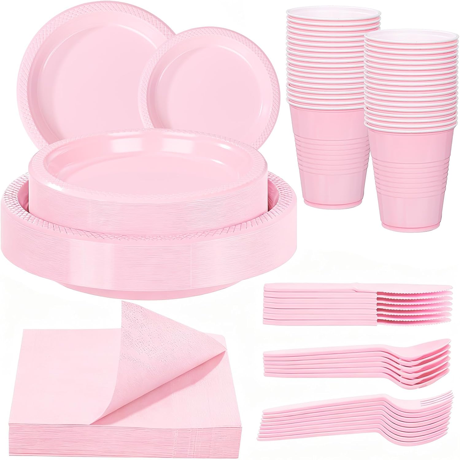 WELLIFE 210 PCS Pink Plastic Plates for 30 Guests - Disposable Dinnerware Set Including Dinner Plates, Dessert Plates, 12oz Cups, Cutlery & Napkins, Pink Party Plates