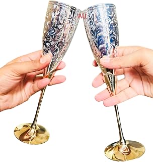 Royal Handmade Engraved Silver Plated Brass Champagne Toasting Flutes Set of 2 Wine Glasses Goblets Champagne For Wedding Housewarming Gifts New Home Décor Couples With Presentation With Designer Box