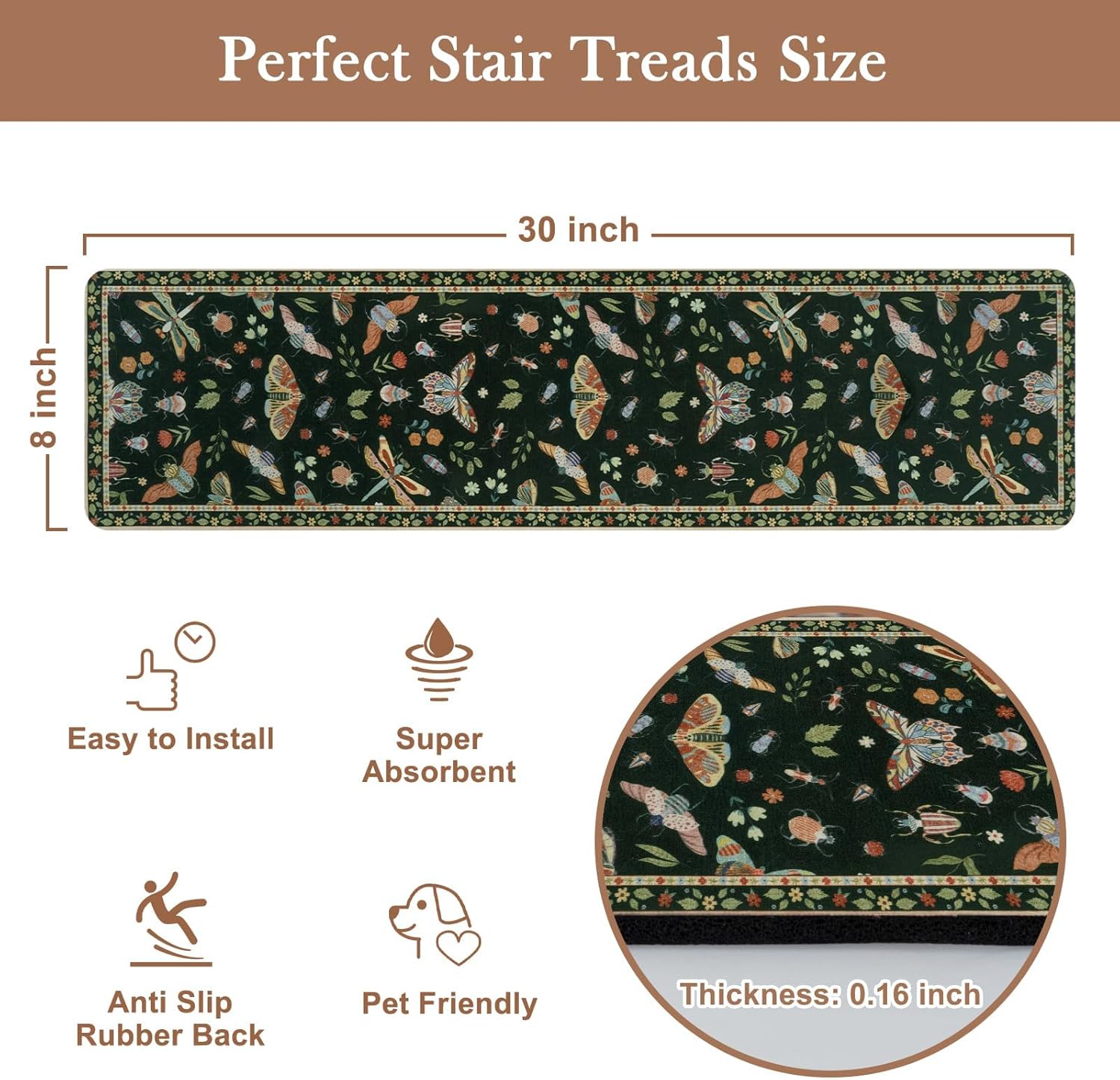 OJIA Insect Print Stair Treads Non Slip Stair Runners for Wooden Steps Indoor, 15PCS 8"x30" Rubber Backing Carpet Treads for Wood Stairs Staircase Step Treads for Kids & Dogs, Stair Covers, Black 15PCS Black-butterfly 15