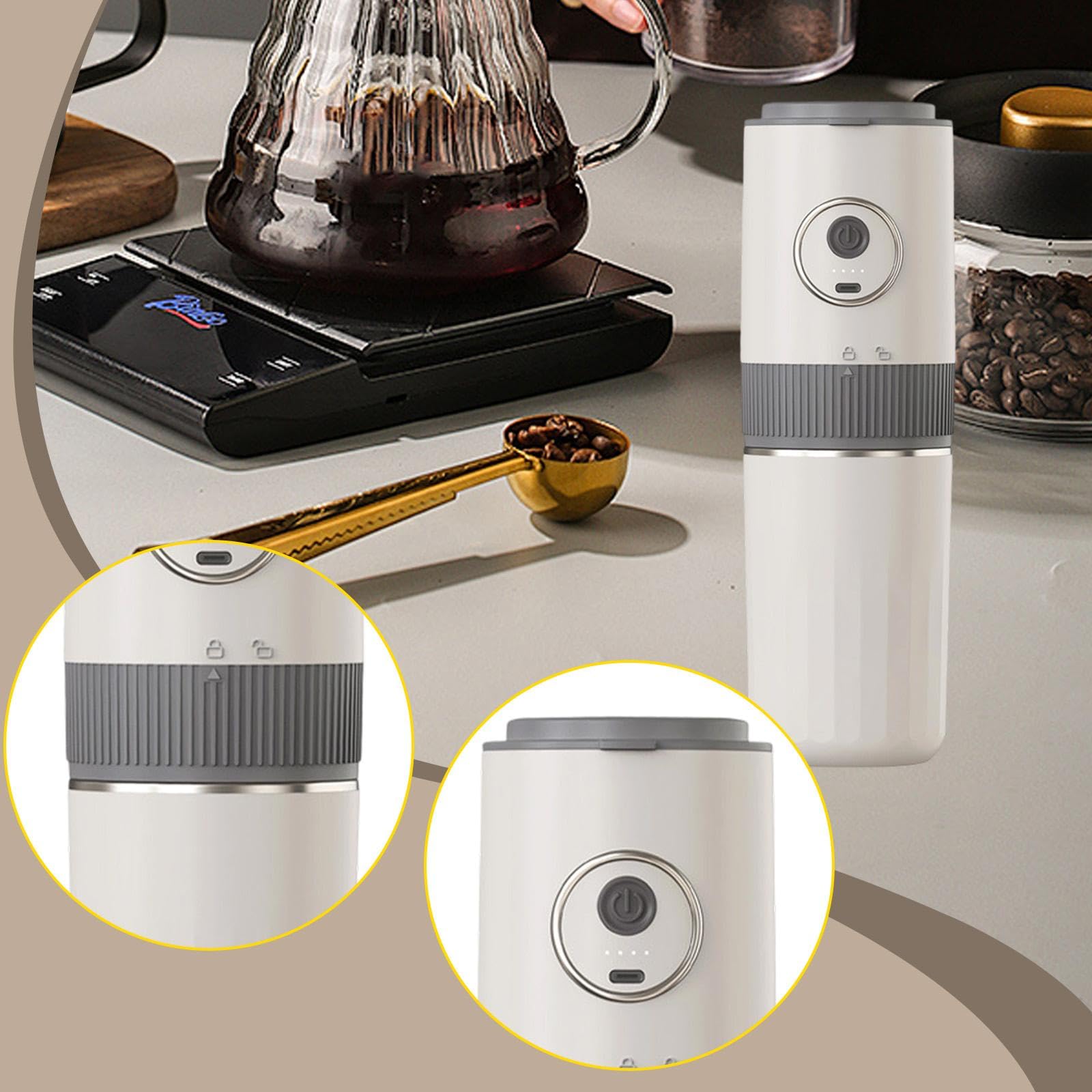 Cafetera Portátil Eléctrica con Molinillo de Café Integrado Filtro de Goteo Vaso Térmico y Batería Recargable Elaborada en PP y Acero Resistente, Beige, Individual