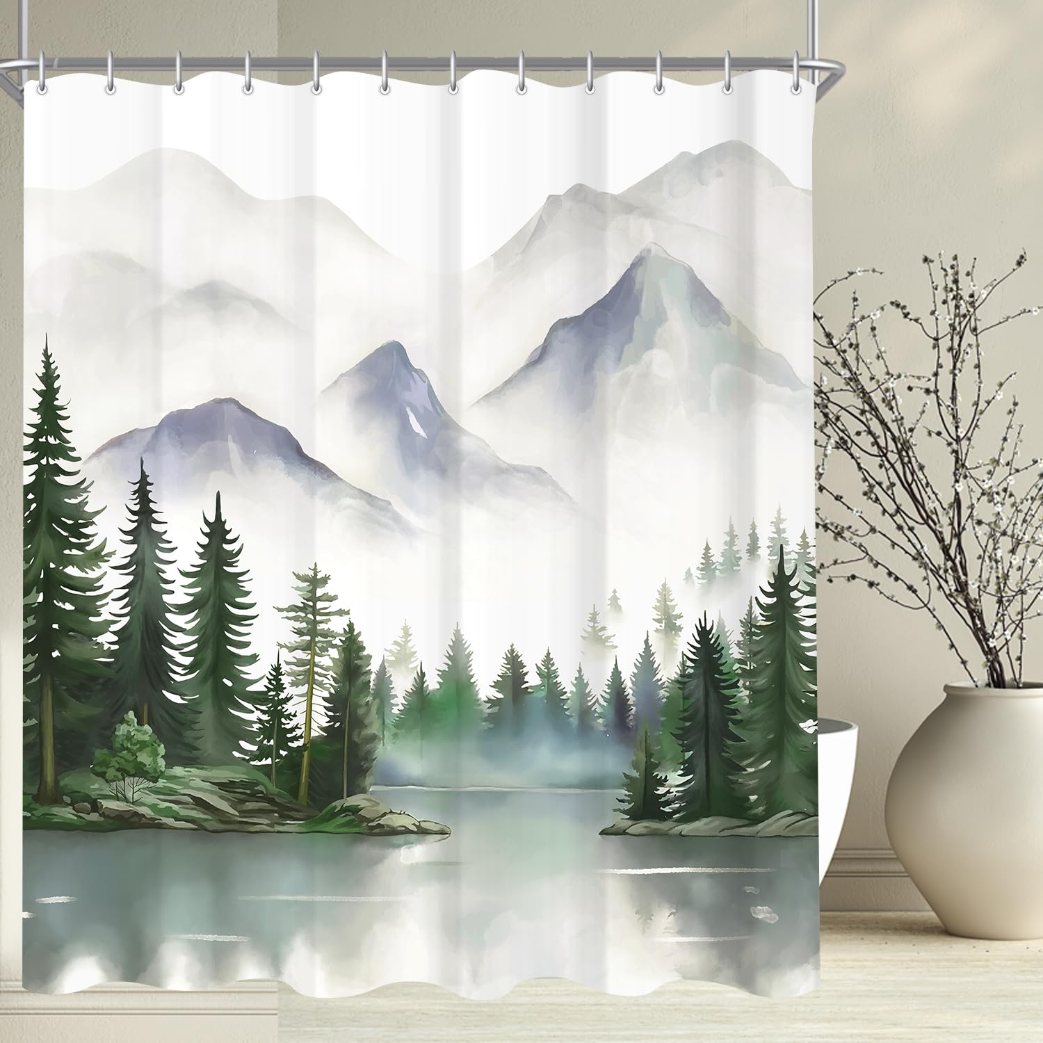 Lerores Shower Curtain, 180 x 200 cm, Mountains, Weighted Hem, Anti-Mould Textile, Water-Repellent