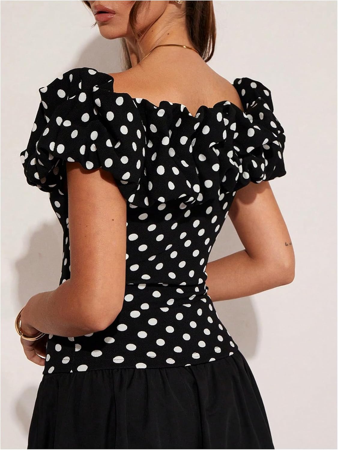 MakeMeChic Women's Polka Dots Blouse Off The Shoulder Ruffle Trim Short Sleeve Dressy Shirt Top - Image 4
