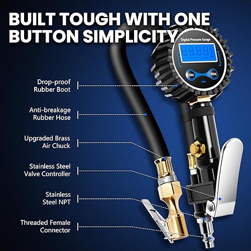 Miniatura 5 de Medidor digital de neumáticos con inflador y deflador, pantalla LED y resolución de 0.1 PSI, válvula de liberación rápida y mandril resistente, con