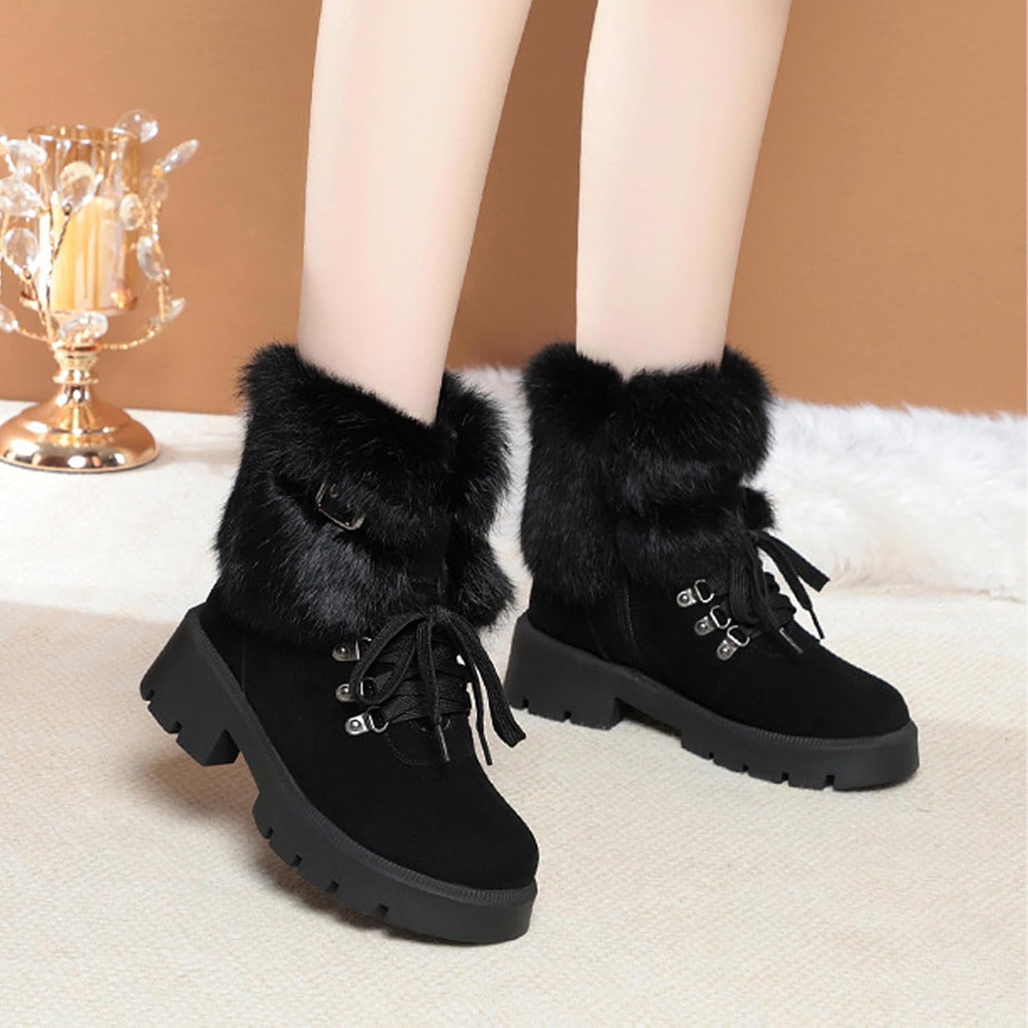 Women's Suede Side Zipper Platform Chunky Heel Snow Boots Round Toe Warm Fur Lined Lug Sole Lace up Winter Booties Outdoor Ski Hiking Ankle Boots