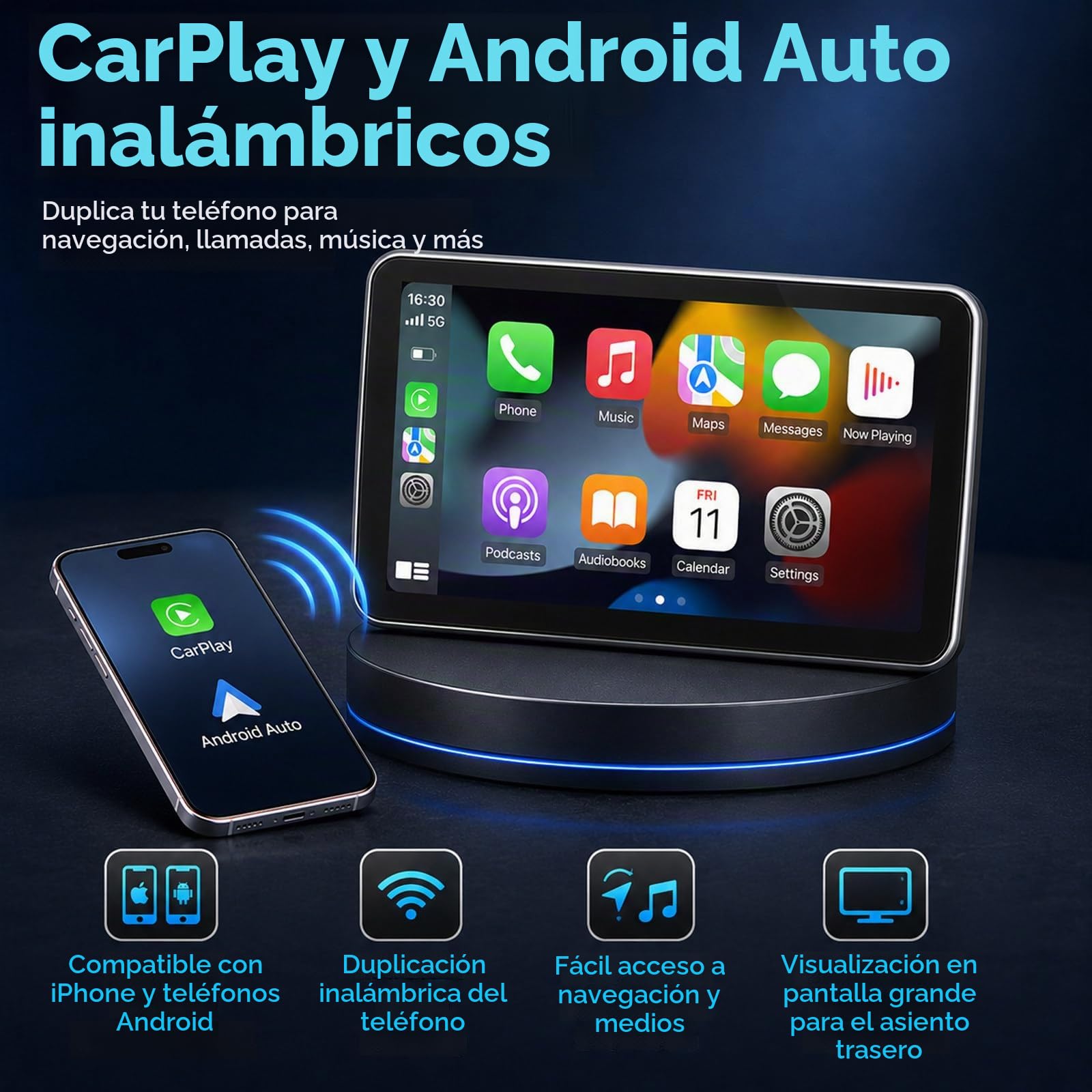 Monitor de Reposacabezas de Coche con Carplay Inalámbrico para Asiento Trasero, Pantalla Táctil IPS 10.1", Compatible con Apps de Películas, HDMI, USB, Multilingüe A