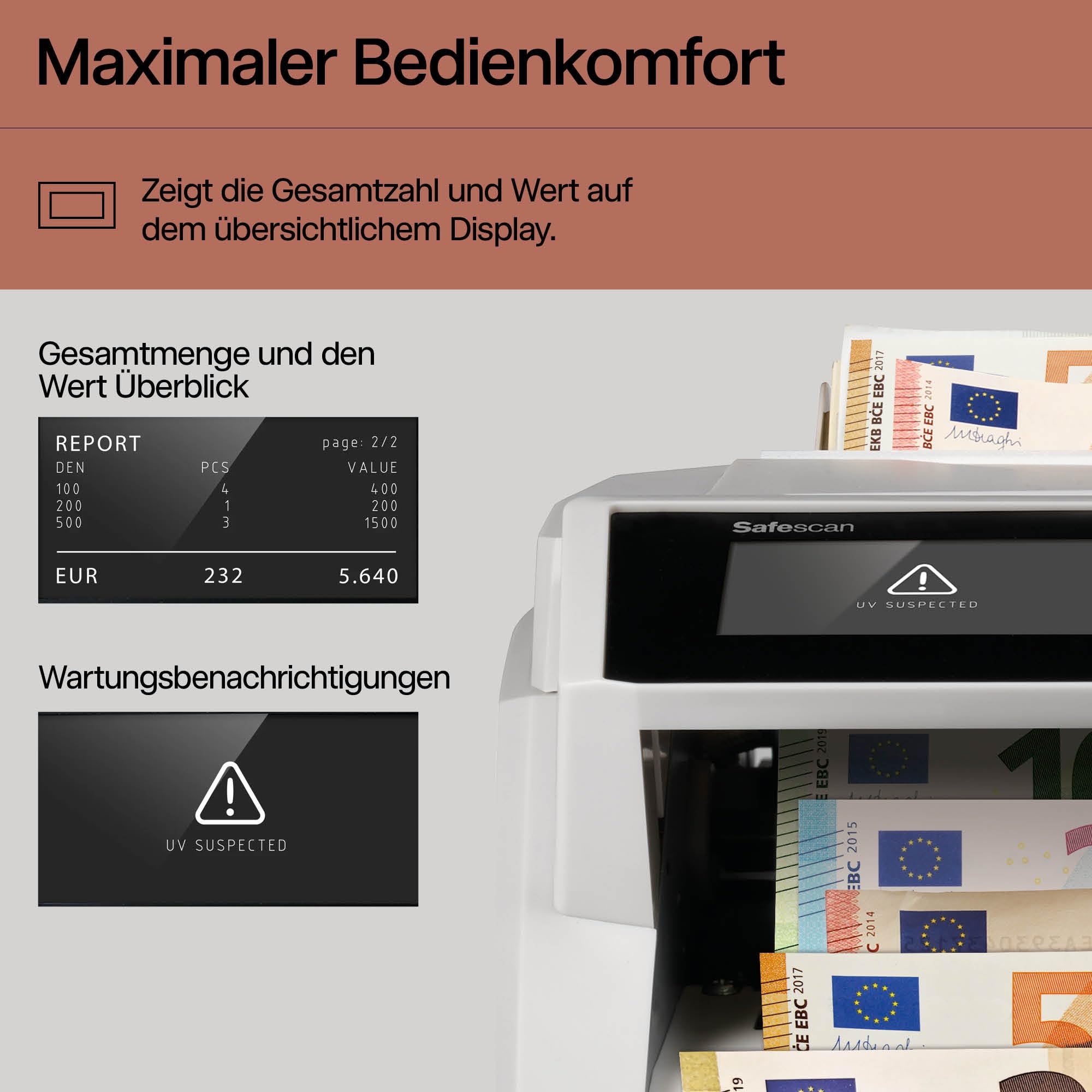 Safescan 2465-S Geldzählmaschine, Wertzählung für gemischte EUR-Banknoten - Banknotenzähler mit 7-facher Echtheitsprüfung - zählt sortierte Banknoten aller Währungen
