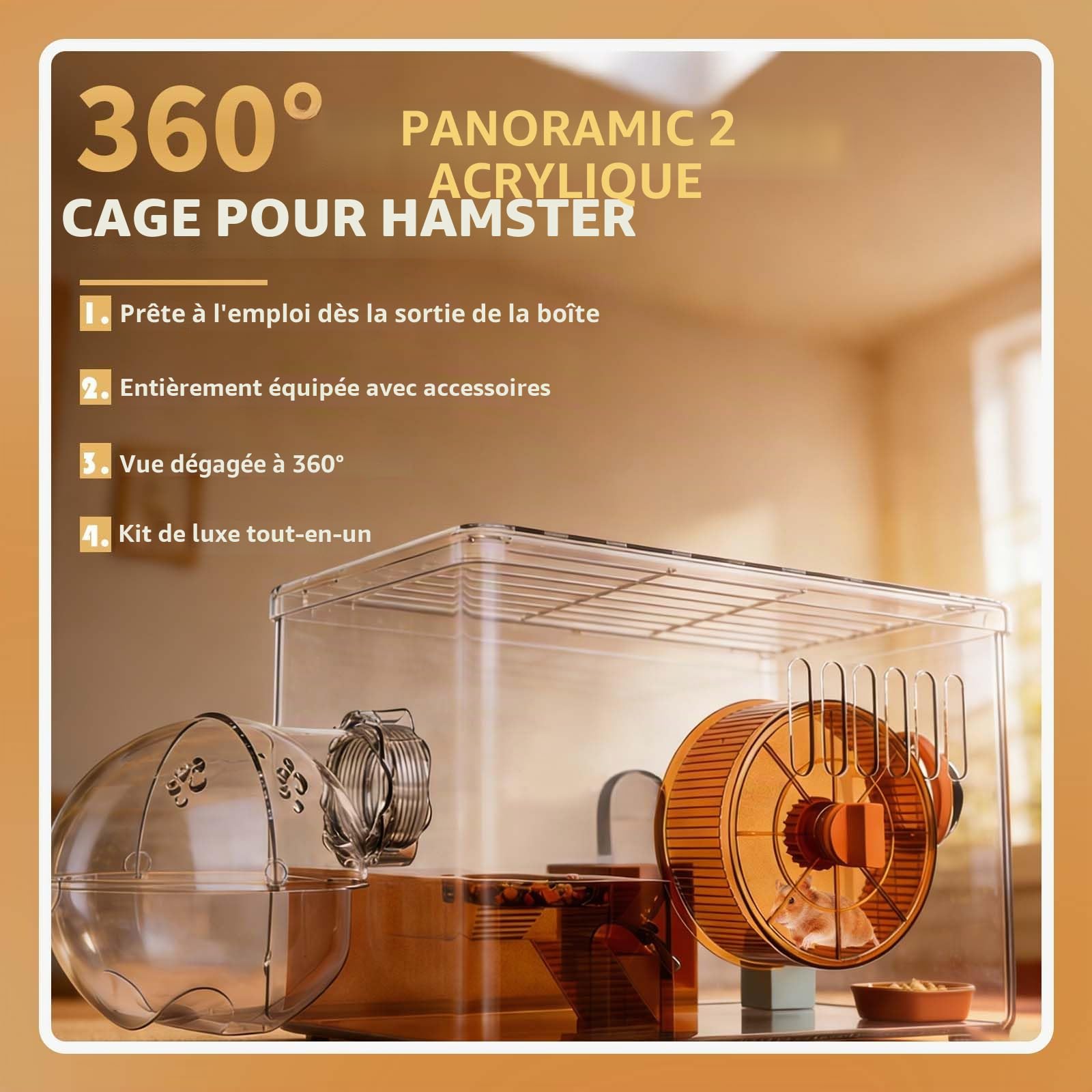 360° Panoramique Ventilation Cage Hamster avec 7 Accessoires | 2 Couches Cage Hamster,31.5x21.5x20.5cm,Cage Hamster Russe avec Roue D'exercice,Salle Bain,Rampe,Cabine,pour Souris, Hamsters