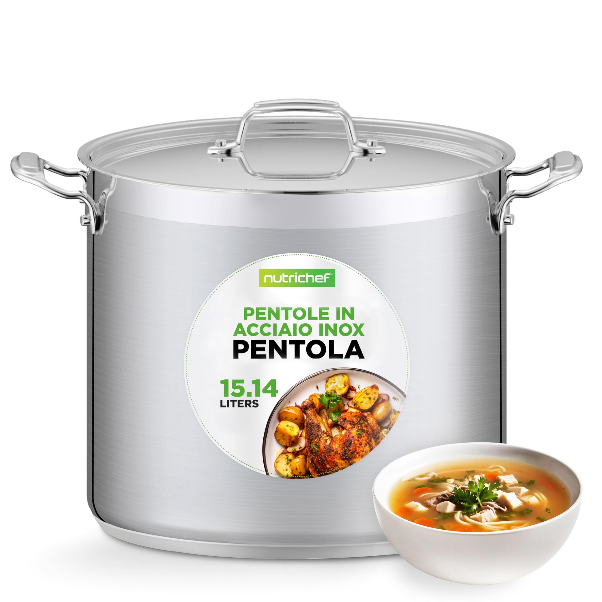 NutriChef Pentola Acciaio Inox 15 Litri, Pentola Induzione 18/​8 con Coperchio, Lavastoviglie, Fornelli a Induzione, Ceramica, Alogeni