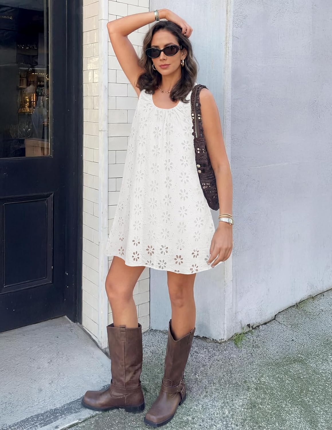 MEROKEETY Women's Summer Boho Mini Dress 2026 Sleeveless Eyelet Embroidered Floral Flowy A Line Beach Vacation Short Dresses - Image 5