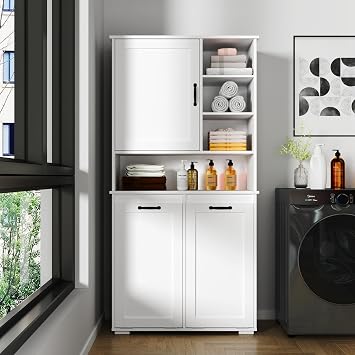 Laundry Room Cabinet with Tilt-Out Hampers and Storage Shelves, White Farmhouse Laundry Hamper Cabinet with Door and Adjustable Open Shelves Freestanding Wooden Organizer for Laundry Room Washroom