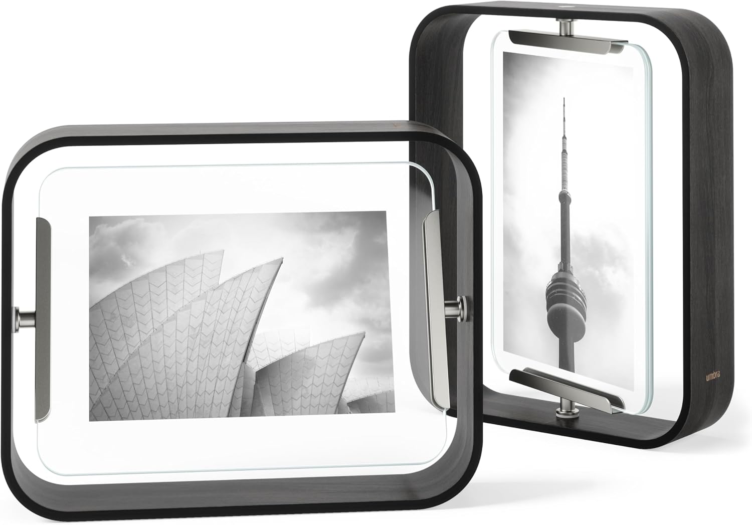 Umbra Bellwood Desk Picture Frame, Rotating Double Sided, 5x7, Black | Beech wood, 360 degree pivot, two photo display, portrait or landscape, wipe clean