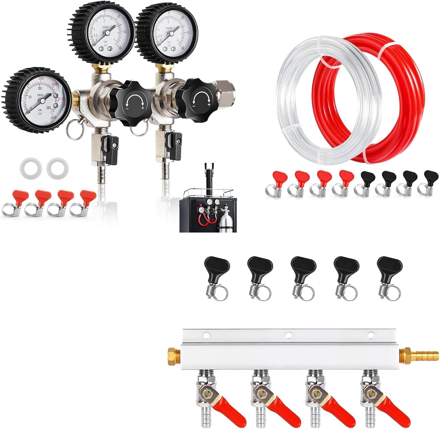 Dual Keg CO2 Regulator & 4-Way CO2 Gas Distributor & Beer Co2 Gas Dual Lines Kit