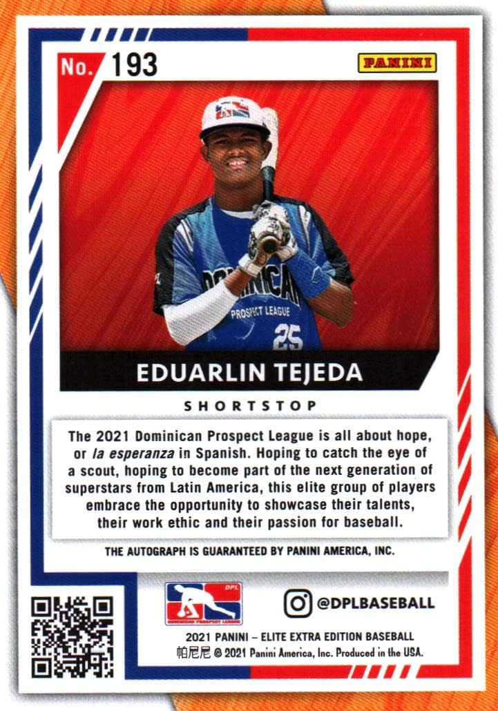 Eduarlin Tejada Elite Extra Edition Autographed Collectible Baseball Card - 2021 Panini Elite Extra Edition Baseball Card #193 (Dominican Prospect League) Free Shipping