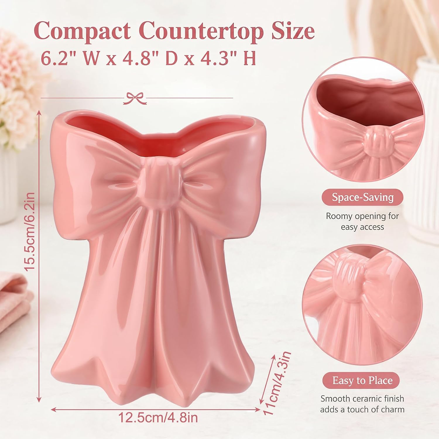 Pink Bow Ceramic Utensil Holder 6.2×4.8×4.3 Inch, 3D Kitchen Utensil Holder for Counter, Cute Pink Bow Vase Storage Organizer for Cooking Tools Makeup Brushes