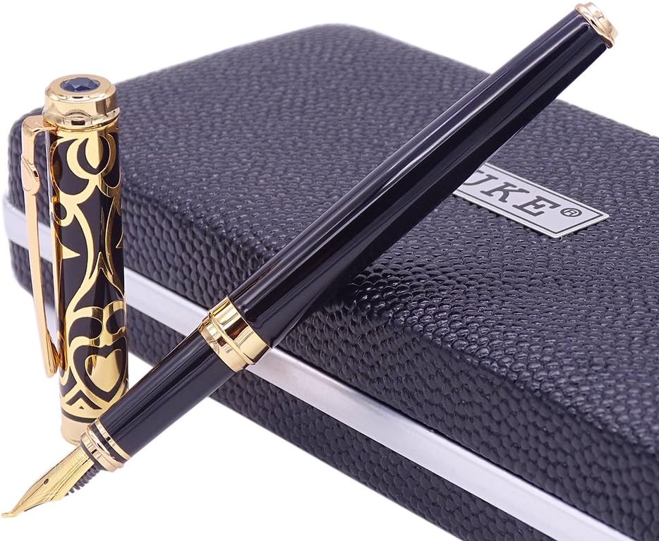 Duke Sapphire Fude Nib Fountain Pen Black Gold Trim Original Gift Box Set, Iridium Bent Nib Writing Pen for Business Signature, Art Drawing,Calligraphy