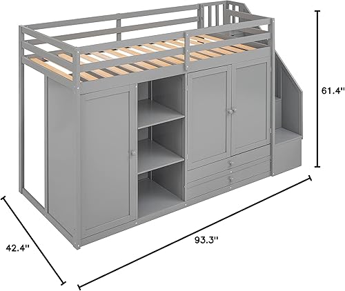 Miniatura 9 de Cama alta baja con 2 armarios cama alta de madera de tamaño individual con 2 cajones y 3 estantes escalera con almacenamiento en una cama madera