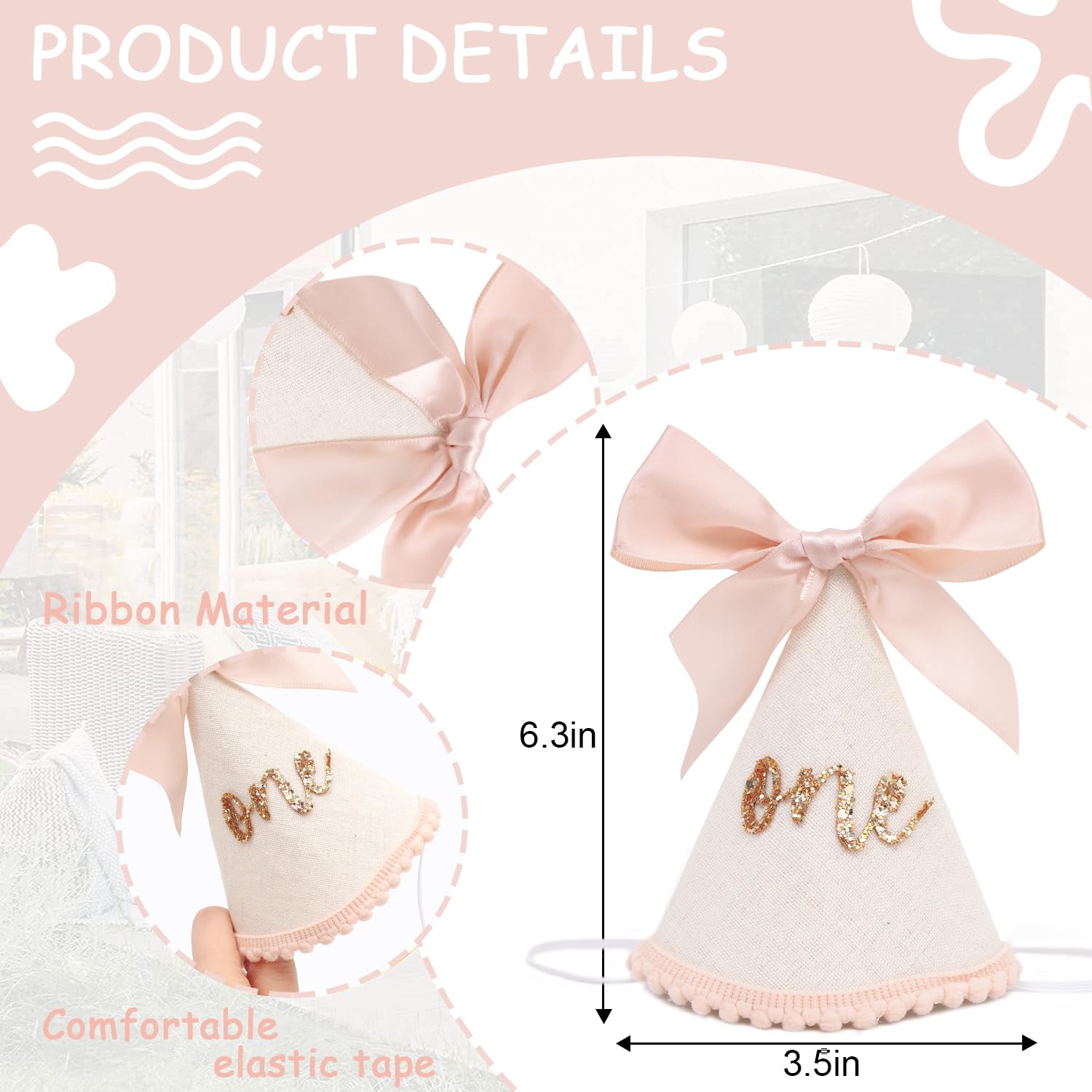 Jissoo 1st Birthday Hat With Bow - Sweet One Birthday Party Decorations,Glitter Number Cone Hat Photo Props,Little Princess Pink Bow Party Hat,First Cake Smash (one)