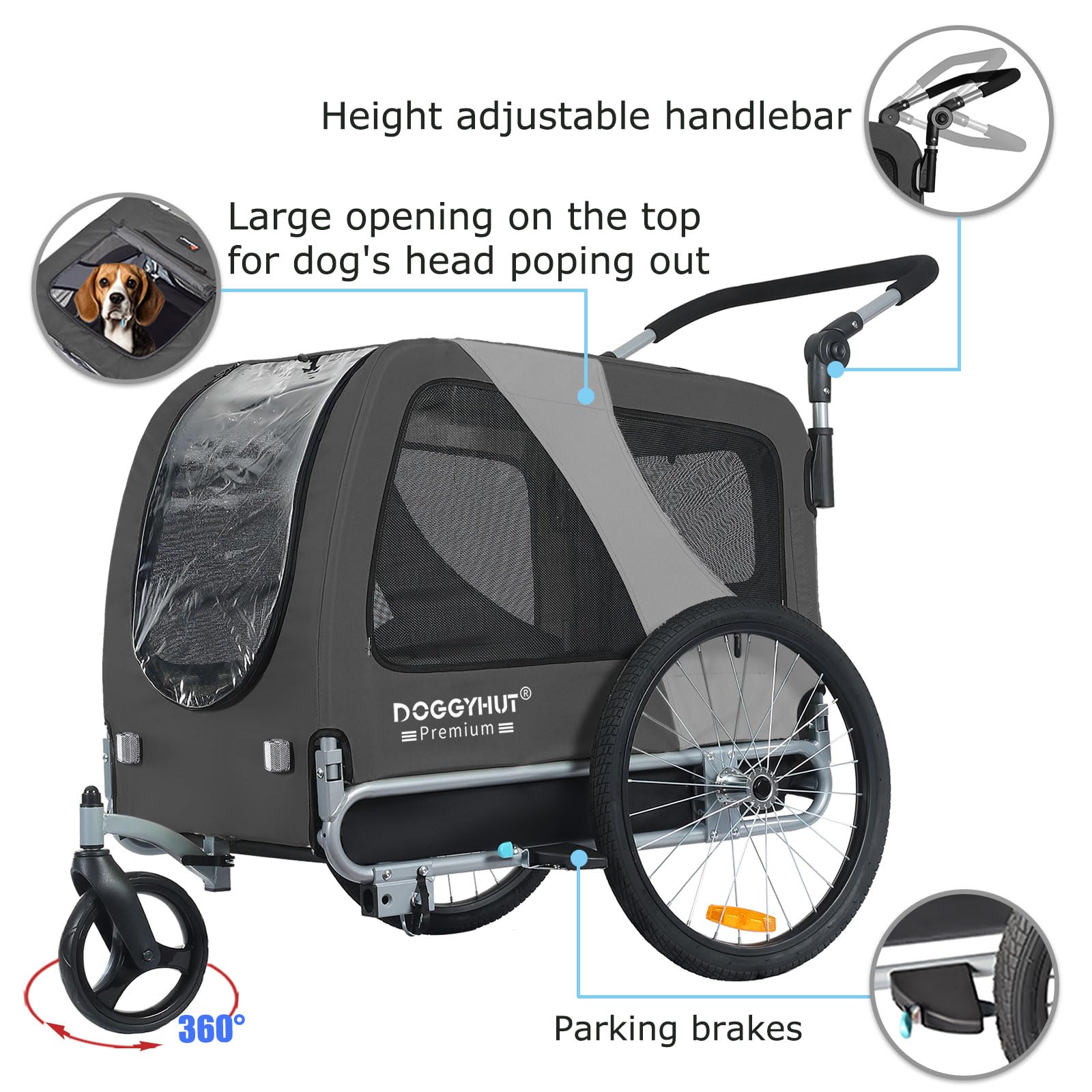 Doggyhut Premium L Remorque de Velo 2 en 1 Grande Poussette remorque Velo pour Chien de Taille Moyenne et Grande Chiens Maximum 35 kg