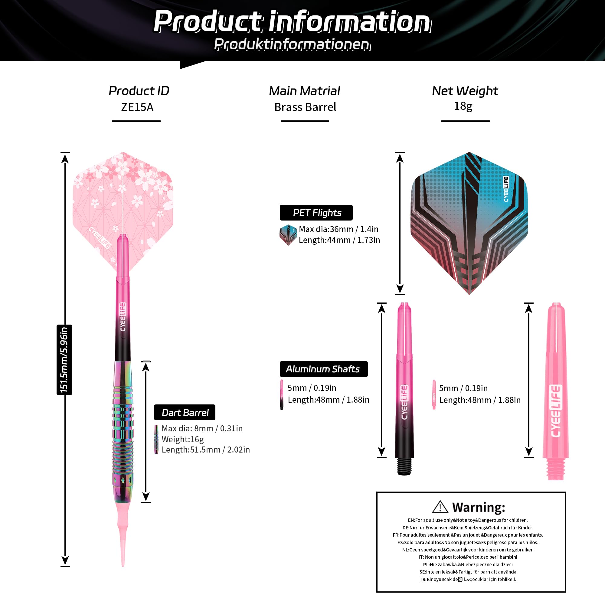 CyeeLife Fléchettes avec Pointe en Plastique,3 Pièces Professionnelles Softdarts pour Cible électronique,Set de fléchettes avec 6 fléchettes + 6 Flights + 1 Dart Case