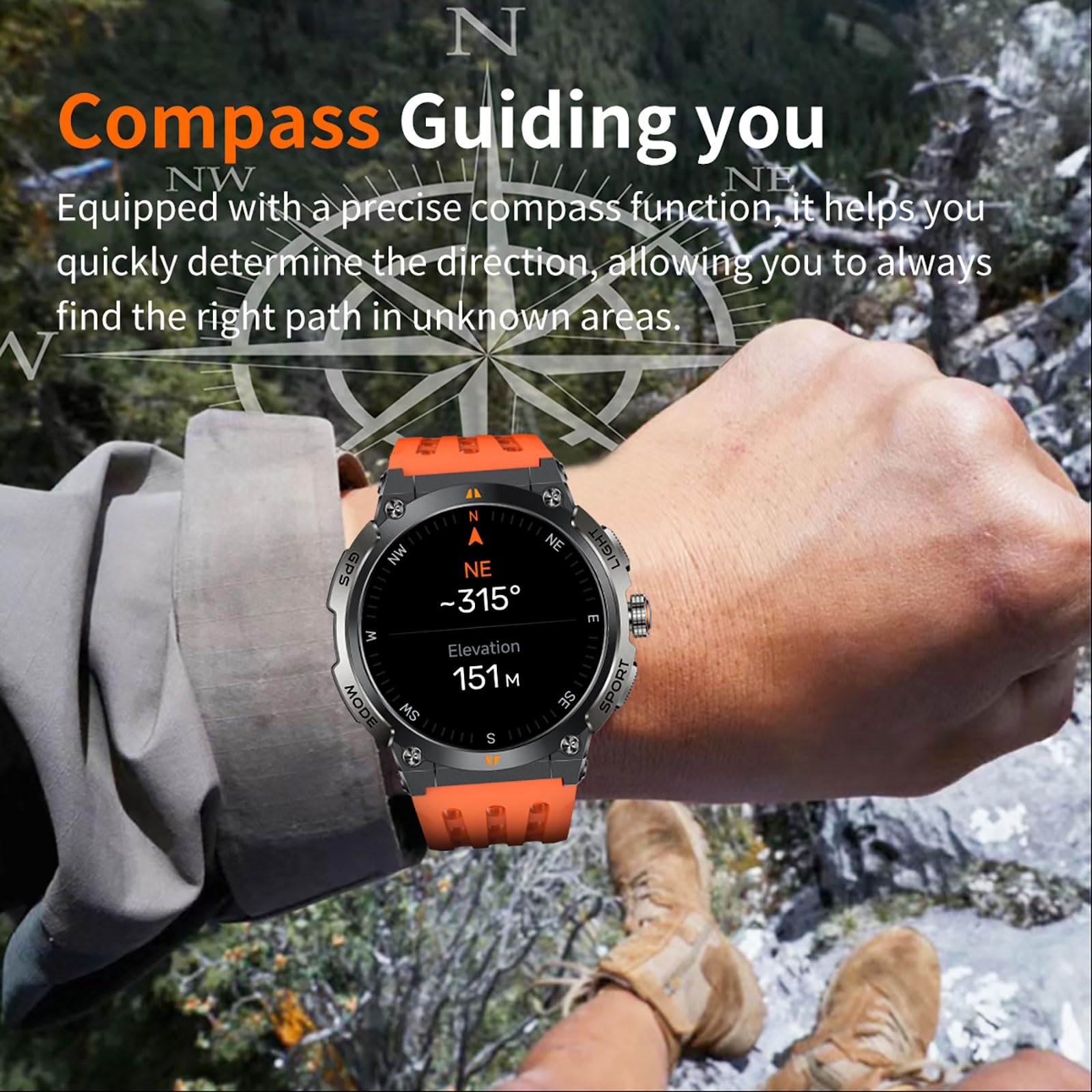 Orologio GPS per attività all'aperto, militare, fitness tracker da uomo con bussola, altimetro, barometro IP68, impermeabile, 100 + modalità sportive, orologio fitness con frequenza cardiaca