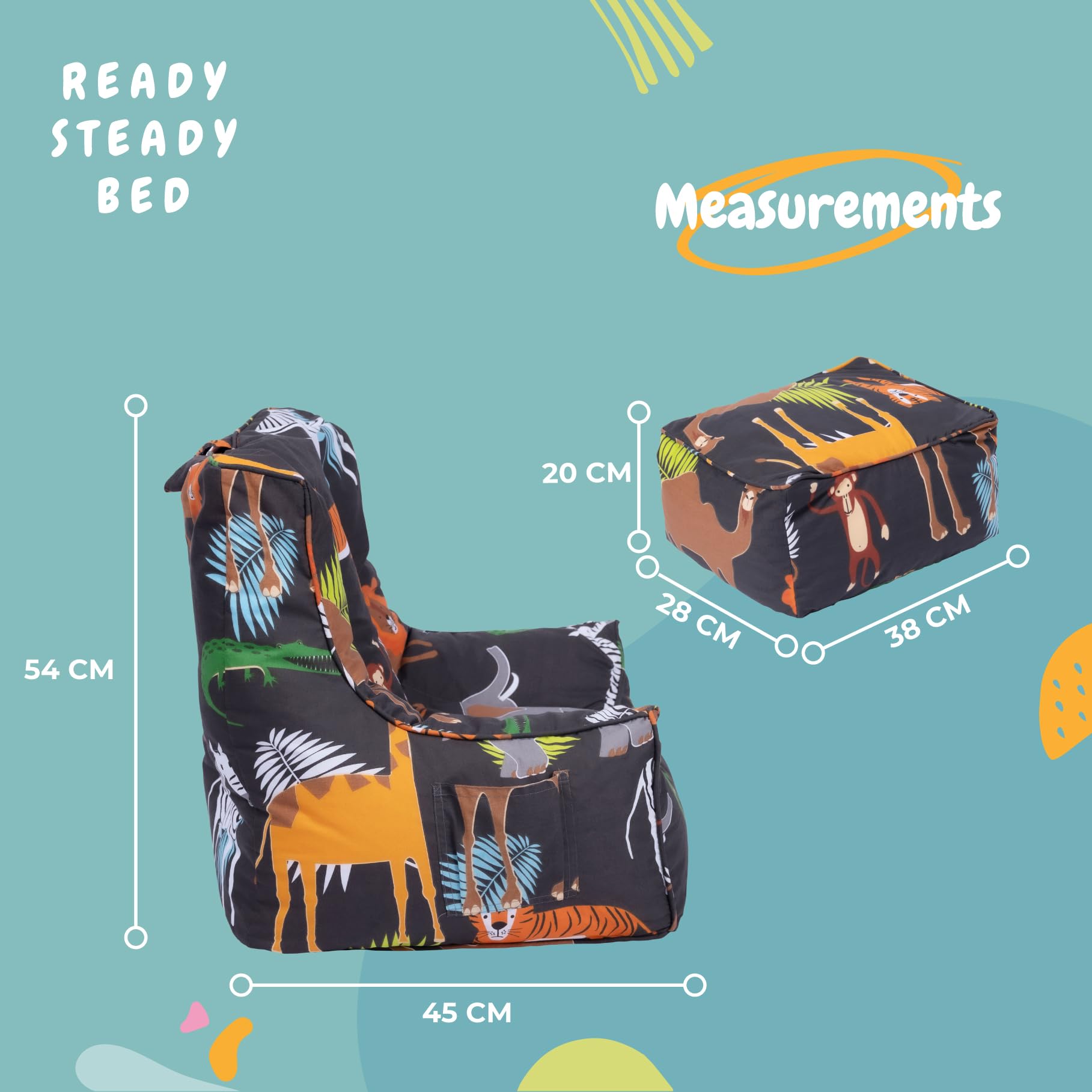 Ready Steady Bed Poltrona a sacco per bambini, con poggiapiedi, poltrona morbida, comoda e sicura per la stanza dei giochi, design ergonomico, mobile comodo per bambini (Africa)