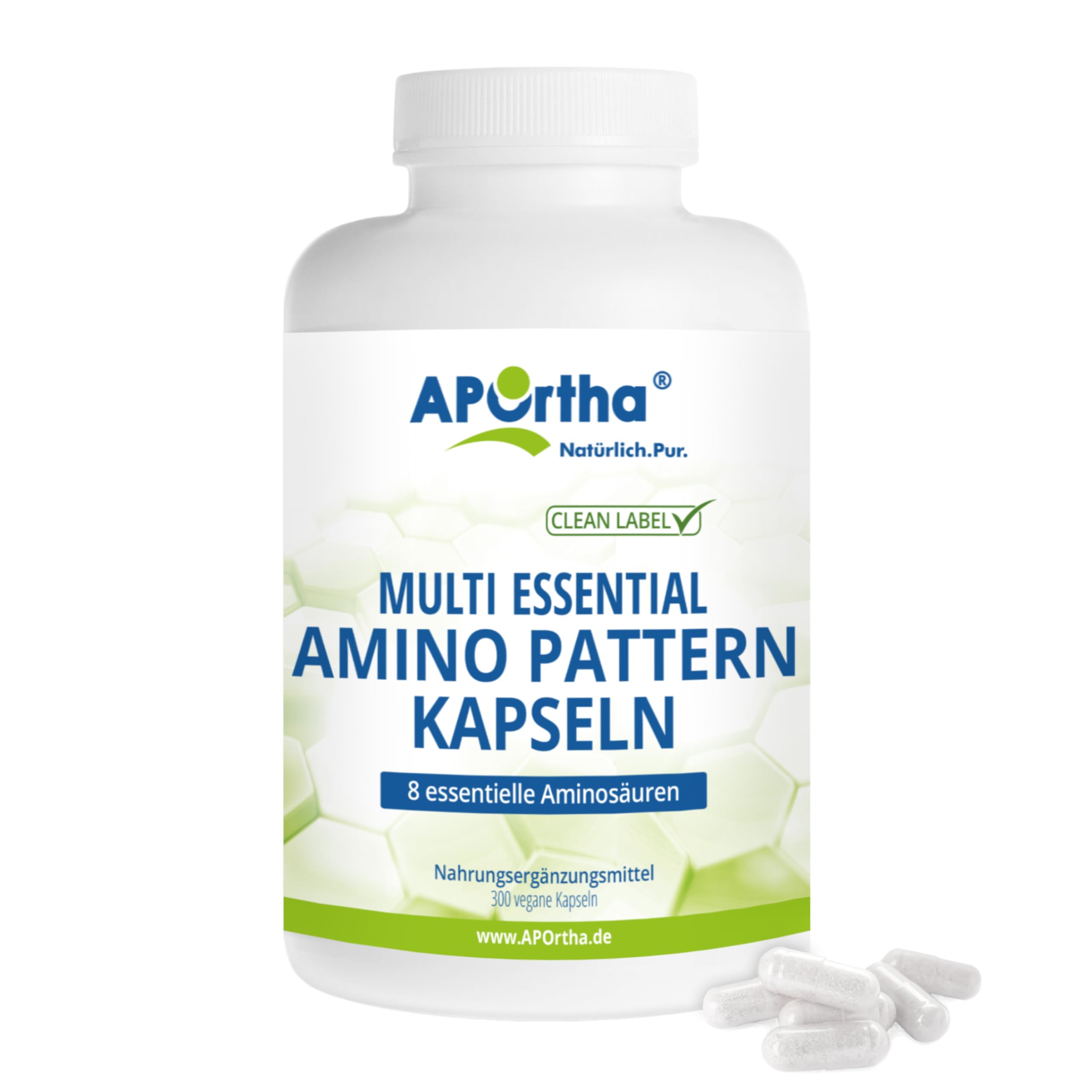 APOrtha® Multi Essential Amino Pattern – 300 Kapseln mit 8 essentiellen Aminosäuren nach Prof. Dr. Lucà-Moretti, ausgewogenes Aminosäuren-Profil, EAA Kapseln, vegan, ohne Zusätze