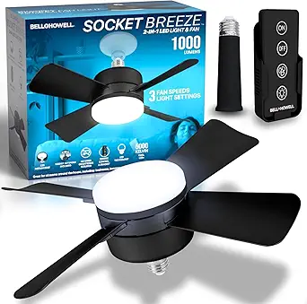 Bell+Howell Socket Breeze Deluxe, Small Ceiling Fan with LED Light and Remote, Adjustable Speeds and Brightness, Light Socket Fan for Bedroom, Kitchen, Living Room, 1000 Lumens