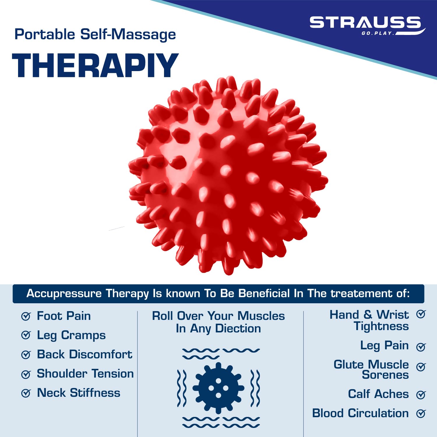 Strauss Acupressure Massage Ball, 2.7 inch | Ideal for Physiotherapy, Deep Tissue Massage, Trigger Point Therapy, Muscle Knots | Acupressure Therapy Ball for Myofascial Release & Pain Relief, (Red)