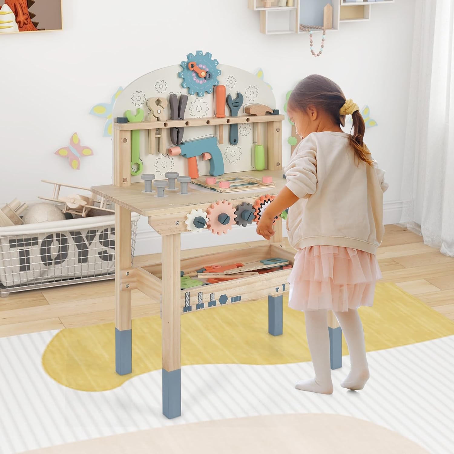 DREAMADE Werkbank Kinder, Werkzeugbank für Kinder aus Holz mit 63 Zubehör, Werkzeug Spielzeug Set mit Strauraum & Uhr & Werkzeughalter, Werkbank für Kinder ab 3 Jahren