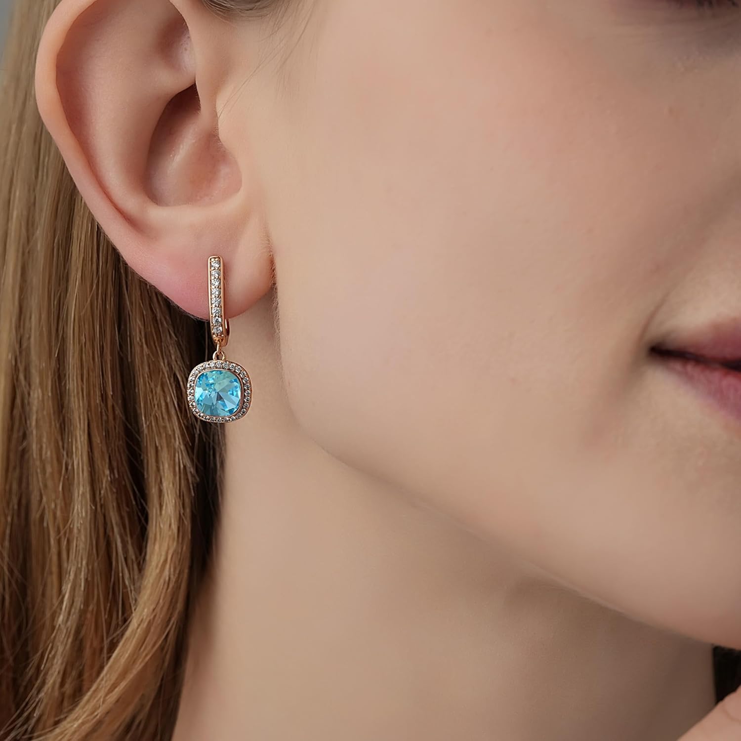 EVEVIC Austrian Crystal Leverback Square Cushion Halo Dangle Huggie Earrings for Women 14K Gold Plated Hypoallergenic Jewelry Gift - Image 2