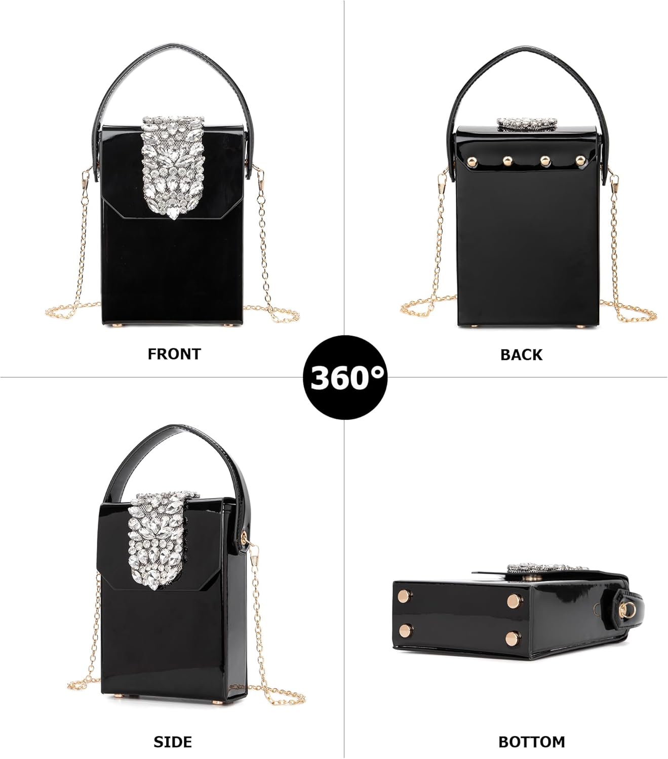 Sweetovo Crystal Evening Clutch Purse, Silver Box Handbag with Rhinestone Decoration, Detachable Chain Strap,