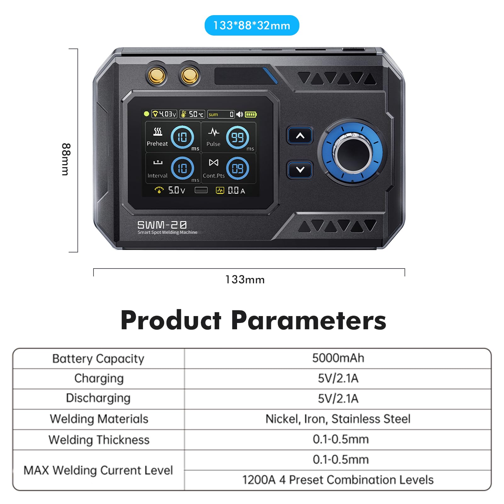 Soudeuse par Points, SWM-20 Poste à Souder à Batterie portable 5000 mAh avec double impulsion à courant élevé 1200 A quatre niveaux de puissance réglables pour tôles en acier inoxydable et en nickel