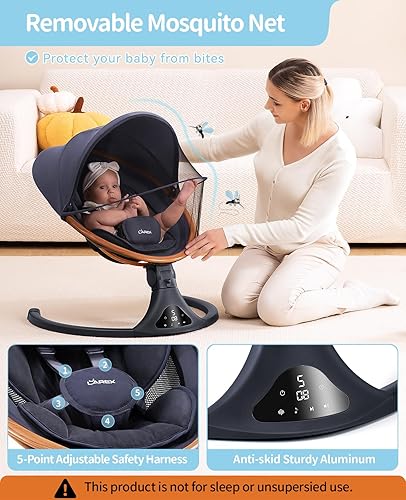 Miniatura 8 de LAREX Columpio eléctrico portátil para bebé recién nacido, 5 velocidades de balanceo con control remoto, 12 melodías preestablecidas y Bluetooth, de