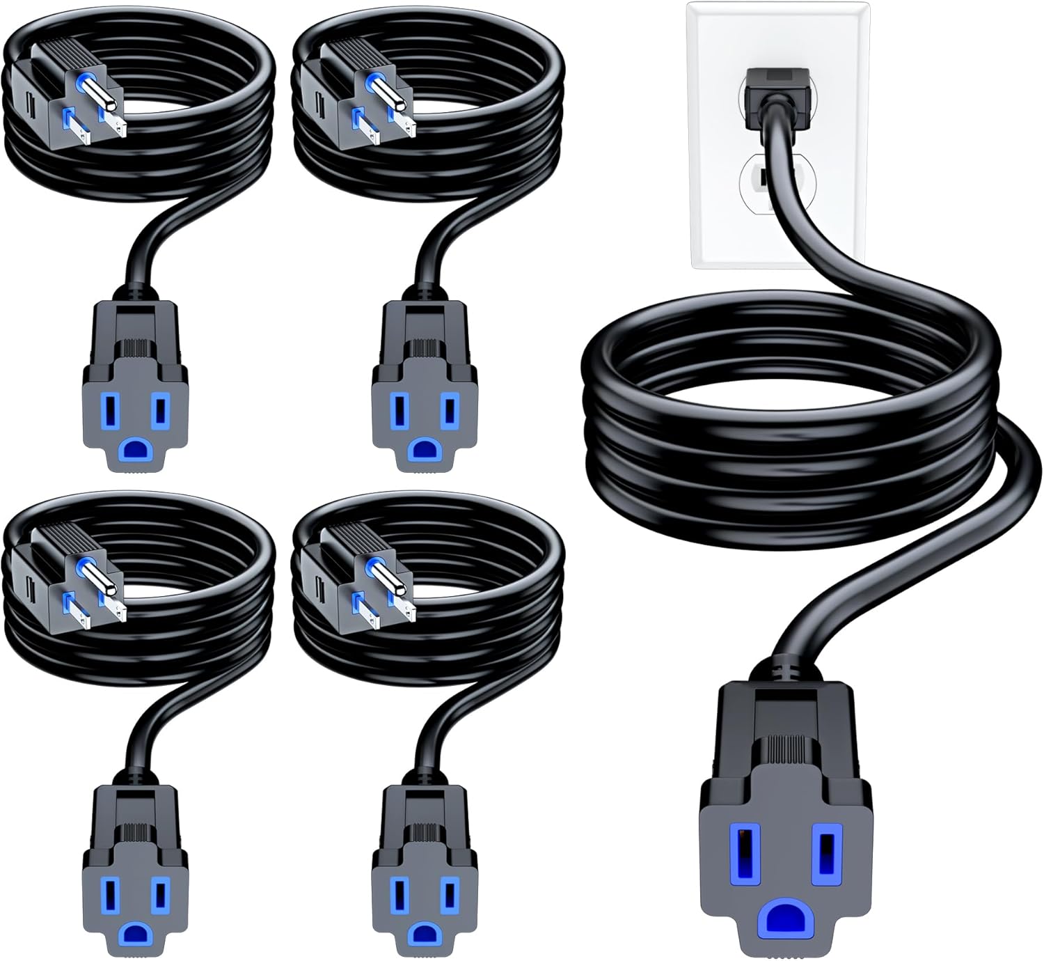 Maximm Extension Cord 5 Pack, 6 Ft Black with Blue Indicators Indoor Power Cords, 16 Gauge SJTW Heavy Duty Wire, ETL Listed, 125V 13A