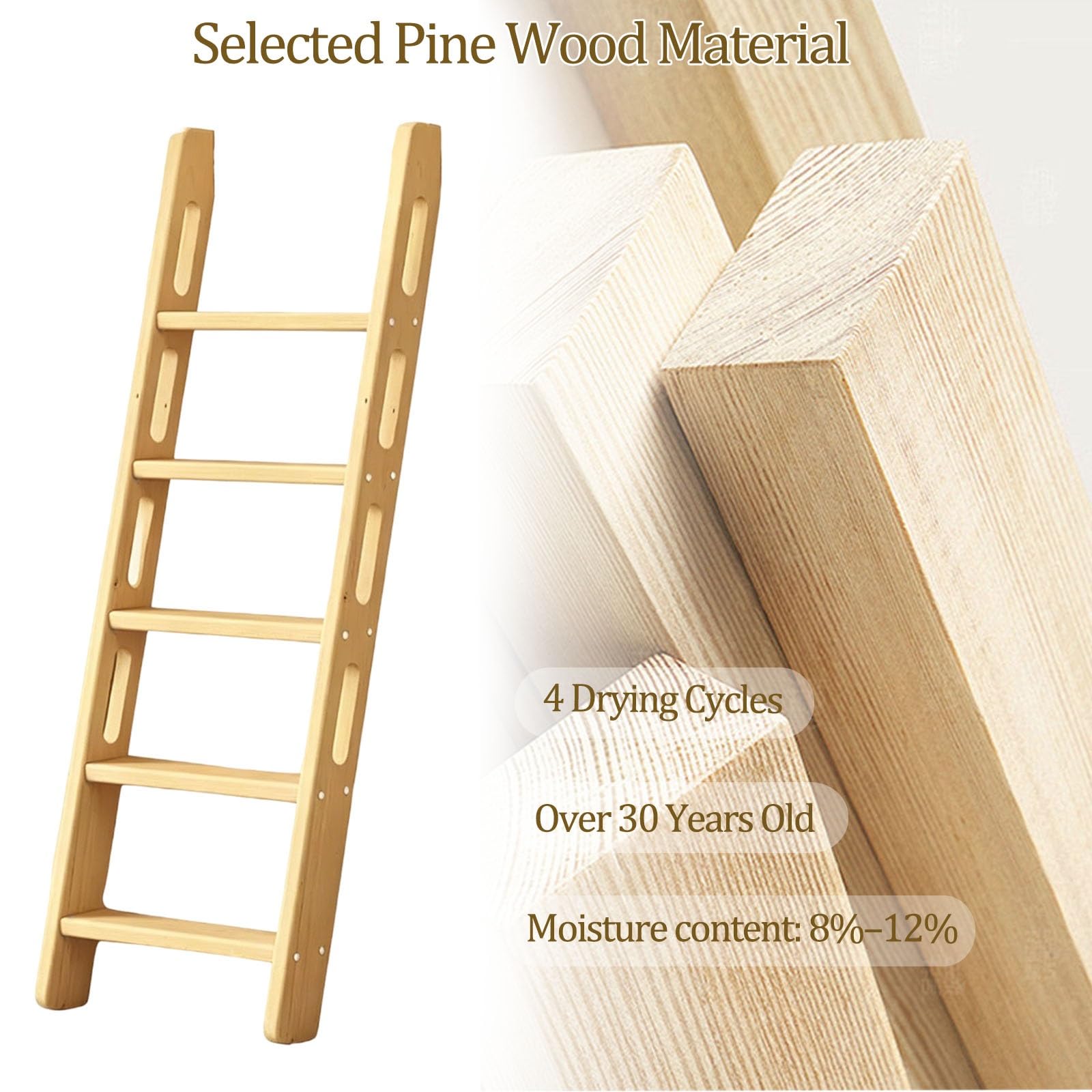 Escalera de Madera para litera o Cama Alta, Taburete Escalonado de Madera Maciza con peldaños Anchos Antideslizantes, Escalera de Repuesto para Autocaravana o Camping(1.4m)