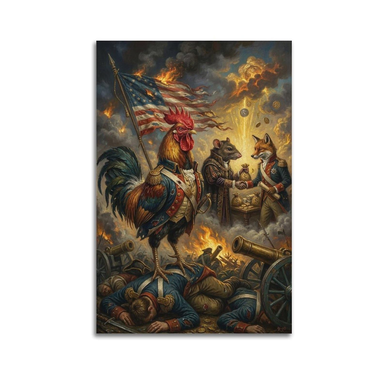 XKUGA Surreal Vintage Animal Poster Rooster Revolution Battlefield Satire Modern Decorative Canvas Prints - Ideal Wall Art for Family, Man Cave, Game Room, Boys & Girls Bedroom 12x18inch(30x45cm)