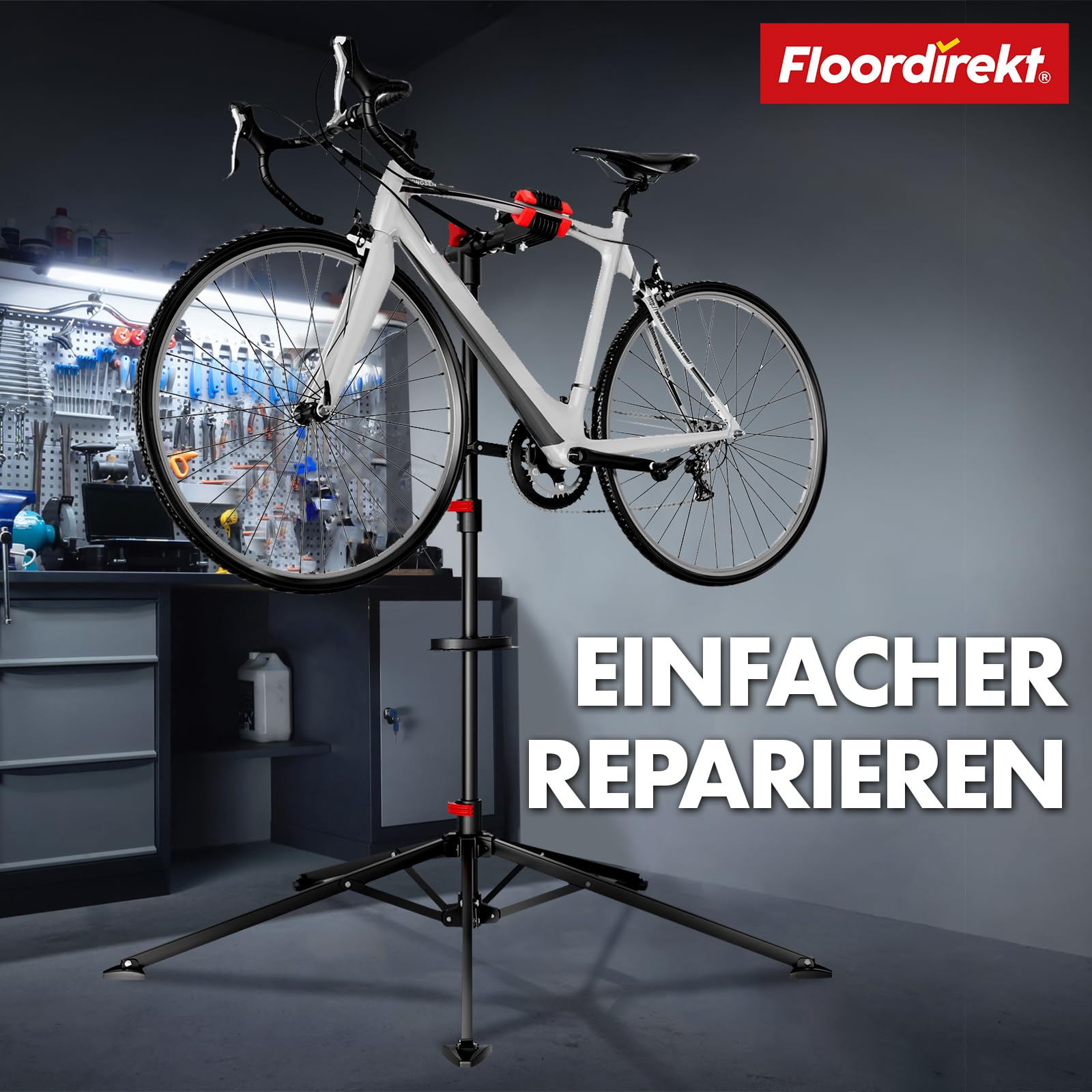 Floordirekt Fahrrad Montageständer bis 30 kg belastbar, Profi Reparaturständer mit Werkzeugschale, drehbar, klappbar, höhenverstellbar (Lois)