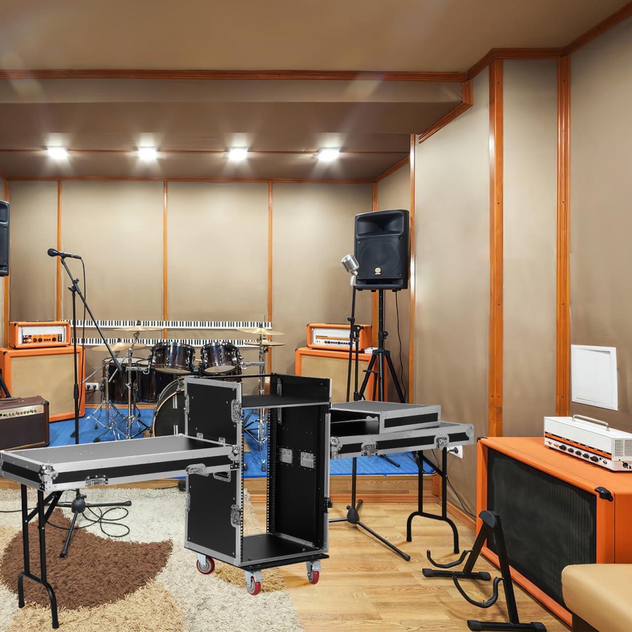 16U Dj Audio Rack, Recording Studio Rack with Top Mixer Workbench, 4 Casters,Two Foldable Dj Bench and Sliding Drawer for Stage Performance and Equipment Storage 38.18 * 28.34 * 20.86in