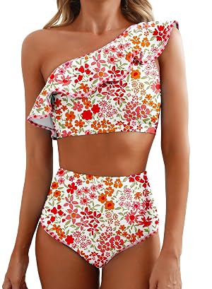 Herseas Womens One Shoulder Bikini Sets Color Block Trim Ruffle Hem Swimsuits Elegant Bathing Suits