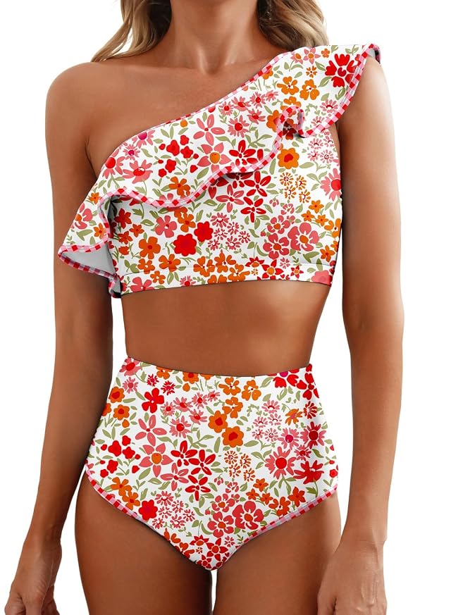Herseas Womens One Shoulder Bikini Sets Color Block Trim Ruffle Hem Swimsuits Elegant Bathing Suits