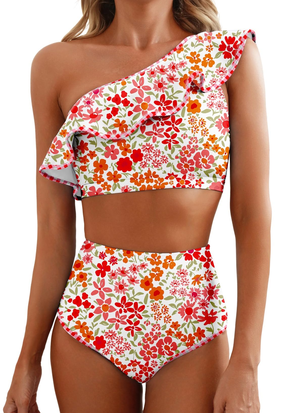 Herseas Womens One Shoulder Bikini Sets Color Block Trim Ruffle Hem Swimsuits Elegant Bathing Suits